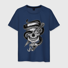 Мужская футболка хлопок с принтом Snake skull в Петрозаводске, 100% хлопок | прямой крой, круглый вырез горловины, длина до линии бедер, слегка спущенное плечо. | bone | knife | skull | snake | змея | кинжал | кость | тату | татуировка | череп