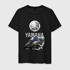 Мужская футболка хлопок с принтом YAMAHA   racing team в Тюмени, 100% хлопок | прямой крой, круглый вырез горловины, длина до линии бедер, слегка спущенное плечо. | Тематика изображения на принте: helmet | japan | motorcycle | pilot | power | racing | speed | team | turn | yamaha | вираж | гонка | мотоцикл | пилот | скорость | шлем | ямаха