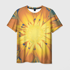 Мужская футболка 3D с принтом Солнечный цветок. Абстракция. 535 332 32. в Курске, 100% полиэфир | прямой крой, круглый вырез горловины, длина до линии бедер | Тематика изображения на принте: abstraction | blue | flower | fractal | sunny | yellow | абстракция | желтый | на витрину | солнечный | фрактал | цветок