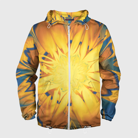 Мужская ветровка 3D с принтом Солнечный цветок. Абстракция. 535 332 32. в Новосибирске, 100% полиэстер | подол и капюшон оформлены резинкой с фиксаторами, два кармана без застежек по бокам, один потайной карман на груди | abstraction | blue | flower | fractal | sunny | yellow | абстракция | желтый | на витрину | солнечный | фрактал | цветок