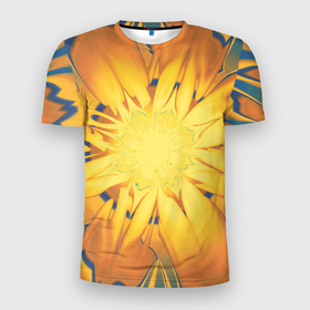 Мужская футболка 3D Slim с принтом Солнечный цветок. Абстракция. 535 332 32. в Новосибирске, 100% полиэстер с улучшенными характеристиками | приталенный силуэт, круглая горловина, широкие плечи, сужается к линии бедра | abstraction | blue | flower | fractal | sunny | yellow | абстракция | желтый | на витрину | солнечный | фрактал | цветок