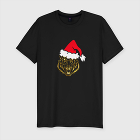 Мужская футболка хлопок Slim с принтом Символ года (Тигр в новогодней шляпе) в Курске, 92% хлопок, 8% лайкра | приталенный силуэт, круглый вырез ворота, длина до линии бедра, короткий рукав | 2022 | новый год | подарок | праздник | символ года | тигр | тигренок