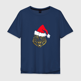 Мужская футболка хлопок Oversize с принтом Символ года (Тигр в новогодней шляпе) в Курске, 100% хлопок | свободный крой, круглый ворот, “спинка” длиннее передней части | 2022 | новый год | подарок | праздник | символ года | тигр | тигренок
