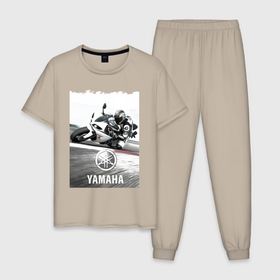 Мужская пижама хлопок с принтом YAMAHA на вираже в Тюмени, 100% хлопок | брюки и футболка прямого кроя, без карманов, на брюках мягкая резинка на поясе и по низу штанин
 | helmet | japan | motorcycle | pilot | power | racing | speed | team | turn | yamaha | вираж | гонка | мотоцикл | пилот | скорость | шлем | ямаха