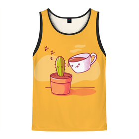 Мужская майка 3D с принтом Кактус и кружка с кофе , 100% полиэстер | круглая горловина, приталенный силуэт, длина до линии бедра. Пройма и горловина окантованы тонкой бейкой | Тематика изображения на принте: a cactus | a drawing | a mug | a plant | a yellow background | cactus and a mug with coffee | желтый фон | кактус | кактус и кружка с кофе | кактусик | кружка | растение | расток | рисунок | рисуночек