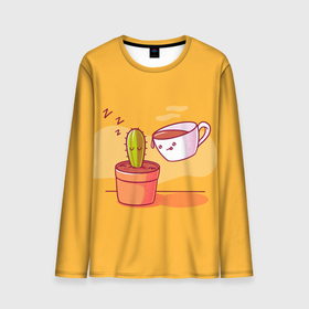 Мужской лонгслив 3D с принтом Кактус и кружка с кофе , 100% полиэстер | длинные рукава, круглый вырез горловины, полуприлегающий силуэт | Тематика изображения на принте: a cactus | a drawing | a mug | a plant | a yellow background | cactus and a mug with coffee | желтый фон | кактус | кактус и кружка с кофе | кактусик | кружка | растение | расток | рисунок | рисуночек