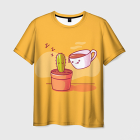 Мужская футболка 3D с принтом Кактус и кружка с кофе , 100% полиэфир | прямой крой, круглый вырез горловины, длина до линии бедер | Тематика изображения на принте: a cactus | a drawing | a mug | a plant | a yellow background | cactus and a mug with coffee | желтый фон | кактус | кактус и кружка с кофе | кактусик | кружка | растение | расток | рисунок | рисуночек