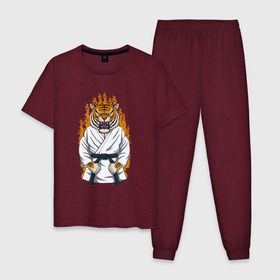 Мужская пижама хлопок с принтом Тигр каратист в Белгороде, 100% хлопок | брюки и футболка прямого кроя, без карманов, на брюках мягкая резинка на поясе и по низу штанин
 | арт | год тигра | иллюстрация | каратэ | спорт | тигр