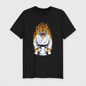 Мужская футболка хлопок Slim с принтом Тигр каратист в Екатеринбурге, 92% хлопок, 8% лайкра | приталенный силуэт, круглый вырез ворота, длина до линии бедра, короткий рукав | арт | год тигра | иллюстрация | каратэ | спорт | тигр
