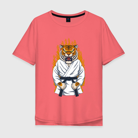 Мужская футболка хлопок Oversize с принтом Тигр каратист в Кировске, 100% хлопок | свободный крой, круглый ворот, “спинка” длиннее передней части | арт | год тигра | иллюстрация | каратэ | спорт | тигр