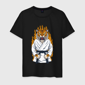 Мужская футболка хлопок с принтом Тигр каратист в Петрозаводске, 100% хлопок | прямой крой, круглый вырез горловины, длина до линии бедер, слегка спущенное плечо. | арт | год тигра | иллюстрация | каратэ | спорт | тигр