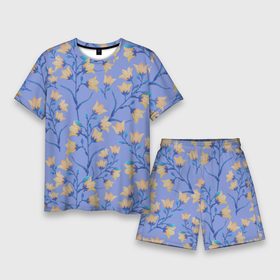 Мужской костюм с шортами 3D с принтом Желтые колокольчики на голубом фоне ,  |  | 8 марта | bells | bud | flowers | leaves | ботаническая иллюстрация | бутон | весна | желтый | колокольчики | лето | листья | праздник | природа | растения | цветы