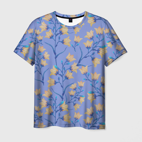 Мужская футболка 3D с принтом Желтые колокольчики на голубом фоне в Новосибирске, 100% полиэфир | прямой крой, круглый вырез горловины, длина до линии бедер | 8 марта | bells | bud | flowers | leaves | ботаническая иллюстрация | бутон | весна | желтый | колокольчики | лето | листья | праздник | природа | растения | цветы