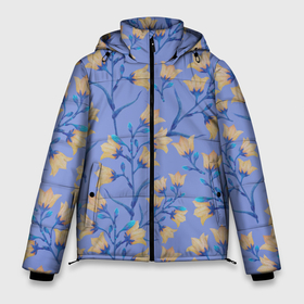 Мужская зимняя куртка 3D с принтом Желтые колокольчики на голубом фоне в Новосибирске, верх — 100% полиэстер; подкладка — 100% полиэстер; утеплитель — 100% полиэстер | длина ниже бедра, свободный силуэт Оверсайз. Есть воротник-стойка, отстегивающийся капюшон и ветрозащитная планка. 

Боковые карманы с листочкой на кнопках и внутренний карман на молнии. | Тематика изображения на принте: 8 марта | bells | bud | flowers | leaves | ботаническая иллюстрация | бутон | весна | желтый | колокольчики | лето | листья | праздник | природа | растения | цветы