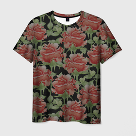 Мужская футболка 3D с принтом Красные розы с зелеными листьями в Курске, 100% полиэфир | прямой крой, круглый вырез горловины, длина до линии бедер | 8 марта | bud | flowers | leaves | roses | ботаническая иллюстрация | бутон | весна | зеленый | красный | лето | листья | любовь | праздник | природа | растения | розы | цветы | черный