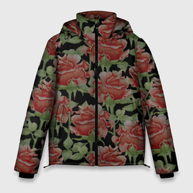 Мужская зимняя куртка 3D с принтом Красные розы с зелеными листьями , верх — 100% полиэстер; подкладка — 100% полиэстер; утеплитель — 100% полиэстер | длина ниже бедра, свободный силуэт Оверсайз. Есть воротник-стойка, отстегивающийся капюшон и ветрозащитная планка. 

Боковые карманы с листочкой на кнопках и внутренний карман на молнии. | Тематика изображения на принте: 8 марта | bud | flowers | leaves | roses | ботаническая иллюстрация | бутон | весна | зеленый | красный | лето | листья | любовь | праздник | природа | растения | розы | цветы | черный