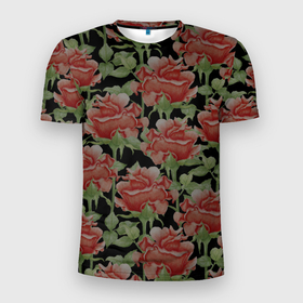 Мужская футболка 3D Slim с принтом Красные розы с зелеными листьями в Белгороде, 100% полиэстер с улучшенными характеристиками | приталенный силуэт, круглая горловина, широкие плечи, сужается к линии бедра | 8 марта | bud | flowers | leaves | roses | ботаническая иллюстрация | бутон | весна | зеленый | красный | лето | листья | любовь | праздник | природа | растения | розы | цветы | черный