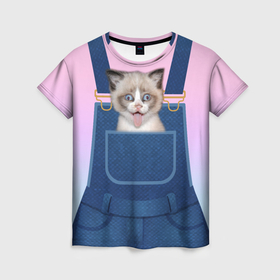 Женская футболка 3D с принтом СМЕШНОЙ КОТЕНОК В КАРМАШКЕ , 100% полиэфир ( синтетическое хлопкоподобное полотно) | прямой крой, круглый вырез горловины, длина до линии бедер | Тематика изображения на принте: в кармане | в кармашке | животные | карман | кот | котенок | кошка | сарафан