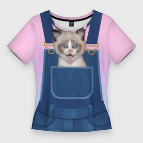 Женская футболка 3D Slim с принтом СМЕШНОЙ КОТЕНОК В КАРМАШКЕ в Тюмени,  |  | в кармане | в кармашке | животные | карман | кот | котенок | кошка | сарафан
