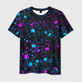Мужская футболка 3D с принтом Брызги неоновые ярких красок в Екатеринбурге, 100% полиэфир | прямой крой, круглый вырез горловины, длина до линии бедер | акварельные | брызги | кисти | клякса | краски | ляпы | неоновые | розовый | стиль | точки | черный | эмоции | яркий