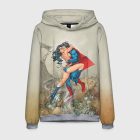 Мужская толстовка 3D с принтом The Kiss of Superman and Wonder Woman в Новосибирске, 100% полиэстер | двухслойный капюшон со шнурком для регулировки, мягкие манжеты на рукавах и по низу толстовки, спереди карман-кенгуру с мягким внутренним слоем. | 14 февраля | statwb | super man | superman | valentine | valentines | wonder woman | валентин | влюблён | влюблённые | день валентина | день влюблённых | любвоная | любовь | мульт | мультики | мультфильм | св валентин | супермен
