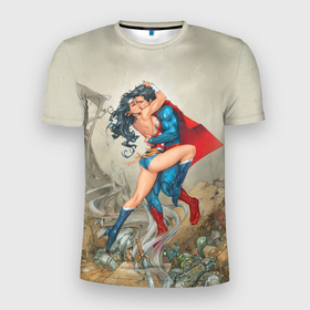 Мужская футболка 3D Slim с принтом The Kiss of Superman and Wonder Woman в Белгороде, 100% полиэстер с улучшенными характеристиками | приталенный силуэт, круглая горловина, широкие плечи, сужается к линии бедра | 14 февраля | statwb | super man | superman | valentine | valentines | wonder woman | валентин | влюблён | влюблённые | день валентина | день влюблённых | любвоная | любовь | мульт | мультики | мультфильм | св валентин | супермен
