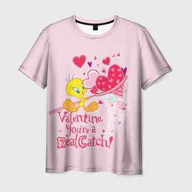 Мужская футболка 3D с принтом Valentine You re a Real Catch в Кировске, 100% полиэфир | прямой крой, круглый вырез горловины, длина до линии бедер | 14 февраля | looney tunes | statwb | tweetty | valentine | valentines | валентин | влюблён | влюблённые | день валентина | день влюблённых | луни | любвоная | любовь | мульт | мультики | мультфильм | св валентин | твитти