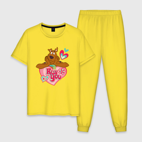 Мужская пижама хлопок с принтом Ruv you Scooby Doo в Курске, 100% хлопок | брюки и футболка прямого кроя, без карманов, на брюках мягкая резинка на поясе и по низу штанин
 | Тематика изображения на принте: 14 февраля | scooby | scooby doo | statwb | valentine | valentines | валентин | влюблён | влюблённые | день валентина | день влюблённых | любвоная | любовь | мульт | мультики | мультфильм | св валентин | скуби | скуби ду