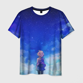 Мужская футболка 3D с принтом Курияма мирай небо в Екатеринбурге, 100% полиэфир | прямой крой, круглый вырез горловины, длина до линии бедер | аниме девочка | за гранью | курияма | курияма мирай | мирай | небо | облака | синее небо