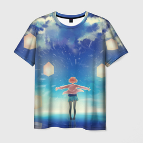 Мужская футболка 3D с принтом Курияма фонари в Екатеринбурге, 100% полиэфир | прямой крой, круглый вырез горловины, длина до линии бедер | аниме девочка | за гранью | курияма | курияма мирай | мирай | небо | облака | фонари