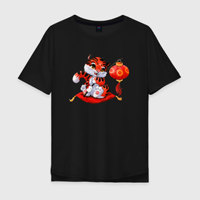 Мужская футболка хлопок Oversize с принтом Китайский красный тигр 2022 в Новосибирске, 100% хлопок | свободный крой, круглый ворот, “спинка” длиннее передней части | 2022 | год тигра | новый год | новый год 2022 | символ года | тигр | тигренок | тигрица | тигры