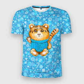 Мужская футболка 3D Slim с принтом Плюшевый тигренок в свитере в Курске, 100% полиэстер с улучшенными характеристиками | приталенный силуэт, круглая горловина, широкие плечи, сужается к линии бедра | 2022 | год тигра | новый год | новый год 2022 | символ года | тигр | тигренок | тигрица | тигры