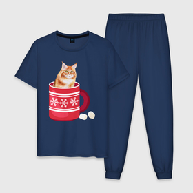 Мужская пижама хлопок с принтом Кошка сидит в новогодней кружке в Екатеринбурге, 100% хлопок | брюки и футболка прямого кроя, без карманов, на брюках мягкая резинка на поясе и по низу штанин
 | зима | кот | котенок | котик | котики | кошка | новогодняя | новый год | рождество | тепло