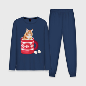 Мужская пижама хлопок (с лонгсливом) с принтом Кошка сидит в новогодней кружке в Курске,  |  | зима | кот | котенок | котик | котики | кошка | новогодняя | новый год | рождество | тепло