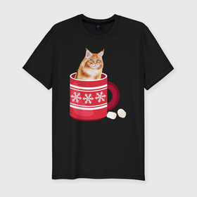 Мужская футболка хлопок Slim с принтом Кошка сидит в новогодней кружке в Екатеринбурге, 92% хлопок, 8% лайкра | приталенный силуэт, круглый вырез ворота, длина до линии бедра, короткий рукав | зима | кот | котенок | котик | котики | кошка | новогодняя | новый год | рождество | тепло