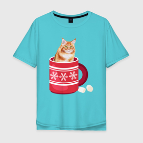 Мужская футболка хлопок Oversize с принтом Кошка сидит в новогодней кружке в Белгороде, 100% хлопок | свободный крой, круглый ворот, “спинка” длиннее передней части | зима | кот | котенок | котик | котики | кошка | новогодняя | новый год | рождество | тепло