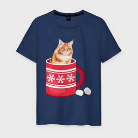 Мужская футболка хлопок с принтом Кошка сидит в новогодней кружке в Белгороде, 100% хлопок | прямой крой, круглый вырез горловины, длина до линии бедер, слегка спущенное плечо. | Тематика изображения на принте: зима | кот | котенок | котик | котики | кошка | новогодняя | новый год | рождество | тепло