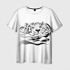 Мужская футболка 3D с принтом Тигр пловец в Петрозаводске, 100% полиэфир | прямой крой, круглый вырез горловины, длина до линии бедер | большая кошка | год тигра | охотник | тигр | хищник