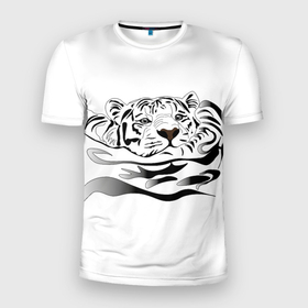 Мужская футболка 3D Slim с принтом Тигр пловец в Кировске, 100% полиэстер с улучшенными характеристиками | приталенный силуэт, круглая горловина, широкие плечи, сужается к линии бедра | большая кошка | год тигра | охотник | тигр | хищник