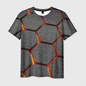Мужская футболка 3D с принтом Раскаленный асфальт в Петрозаводске, 100% полиэфир | прямой крой, круглый вырез горловины, длина до линии бедер | абстрактные | асфальт | горячее | катастрофа | лава | магма | неоновые | соты | ячейки