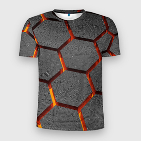 Мужская футболка 3D Slim с принтом Раскаленный асфальт в Курске, 100% полиэстер с улучшенными характеристиками | приталенный силуэт, круглая горловина, широкие плечи, сужается к линии бедра | абстрактные | асфальт | горячее | катастрофа | лава | магма | неоновые | соты | ячейки