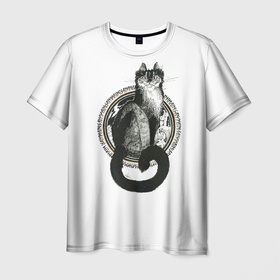 Мужская футболка 3D с принтом Кот Самайна в Петрозаводске, 100% полиэфир | прямой крой, круглый вырез горловины, длина до линии бедер | Тематика изображения на принте: ведьма | ведьмин кот | кот | руна | самайн | хелоуин