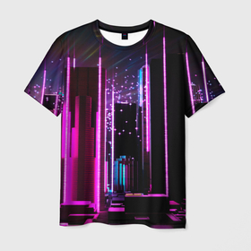 Мужская футболка 3D с принтом Ночной город в киберпанке в Курске, 100% полиэфир | прямой крой, круглый вырез горловины, длина до линии бедер | город | кибербанк | мегаполис | неон | ночной город | огни | ритм