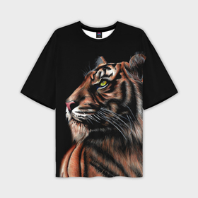Мужская футболка OVERSIZE 3D с принтом Тигр в Темноте | Взгляд Вверх в Белгороде,  |  | 2022 | beast | black | cat | christmas | merry | new year | tiger | xmas | водяной | год тигра | животные | зверь | когти | кот | кошки | новый год | огонь | паттерн | полосатый | рождество | тигр | узор | чб | черный