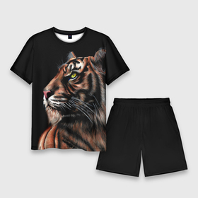Мужской костюм с шортами 3D с принтом Тигр в Темноте | Взгляд Вверх в Петрозаводске,  |  | 2022 | beast | black | cat | christmas | merry | new year | tiger | xmas | водяной | год тигра | животные | зверь | когти | кот | кошки | новый год | огонь | паттерн | полосатый | рождество | тигр | узор | чб | черный