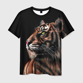 Мужская футболка 3D с принтом Тигр в Темноте | Взгляд Вверх в Петрозаводске, 100% полиэфир | прямой крой, круглый вырез горловины, длина до линии бедер | 2022 | beast | black | cat | christmas | merry | new year | tiger | xmas | водяной | год тигра | животные | зверь | когти | кот | кошки | новый год | огонь | паттерн | полосатый | рождество | тигр | узор | чб | черный