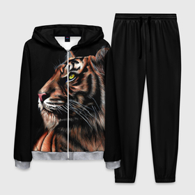 Мужской костюм 3D с принтом Тигр в Темноте | Взгляд Вверх в Петрозаводске, 100% полиэстер | Манжеты и пояс оформлены тканевой резинкой, двухслойный капюшон со шнурком для регулировки, карманы спереди | 2022 | beast | black | cat | christmas | merry | new year | tiger | xmas | водяной | год тигра | животные | зверь | когти | кот | кошки | новый год | огонь | паттерн | полосатый | рождество | тигр | узор | чб | черный
