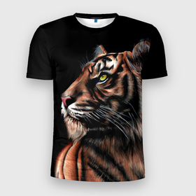 Мужская футболка 3D Slim с принтом Тигр в Темноте | Взгляд Вверх в Белгороде, 100% полиэстер с улучшенными характеристиками | приталенный силуэт, круглая горловина, широкие плечи, сужается к линии бедра | 2022 | beast | black | cat | christmas | merry | new year | tiger | xmas | водяной | год тигра | животные | зверь | когти | кот | кошки | новый год | огонь | паттерн | полосатый | рождество | тигр | узор | чб | черный