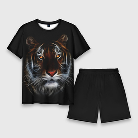 Мужской костюм с шортами 3D с принтом Тигр в Темноте | Глаза Зверя в Белгороде,  |  | 2022 | beast | black | cat | christmas | merry | new year | tiger | xmas | водяной | год тигра | животные | зверь | когти | кот | кошки | новый год | огонь | паттерн | полосатый | рождество | тигр | узор | чб | черный