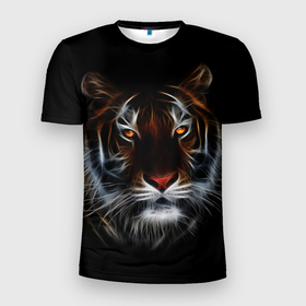 Мужская футболка 3D Slim с принтом Тигр в Темноте | Глаза Зверя в Новосибирске, 100% полиэстер с улучшенными характеристиками | приталенный силуэт, круглая горловина, широкие плечи, сужается к линии бедра | 2022 | beast | black | cat | christmas | merry | new year | tiger | xmas | водяной | год тигра | животные | зверь | когти | кот | кошки | новый год | огонь | паттерн | полосатый | рождество | тигр | узор | чб | черный